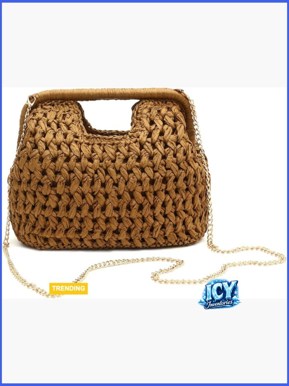 Natural Straw Woven Clutch Purse, Beach Crossbody Bag with Gold Chain - Picture 1 of 7